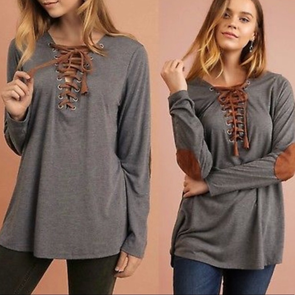 Umgee Long Sleeve Elbow Patch Lace Up Tunic Med